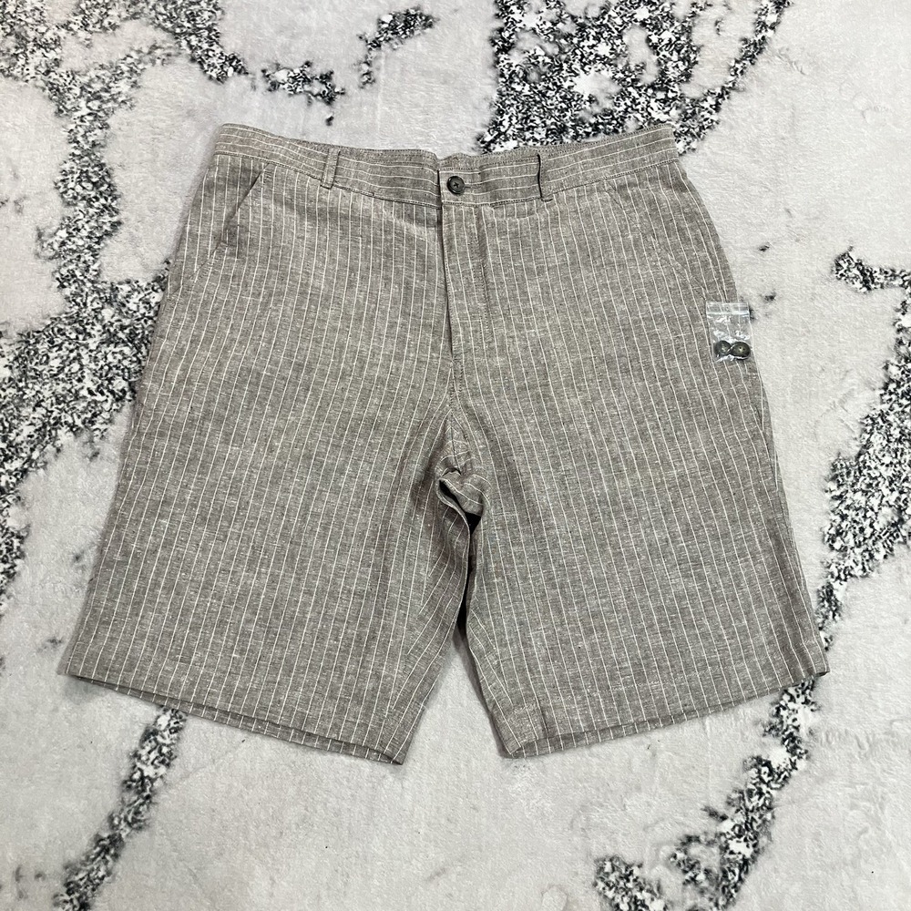 Perry Ellis Men's Linen Cotton Pinstripe Flat Front Shorts Tan Grey Size 34